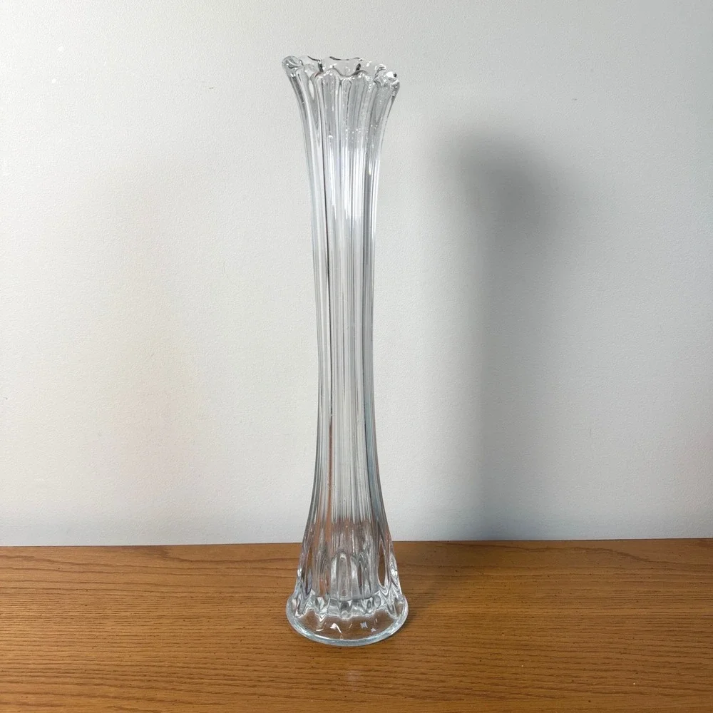 Hoosier Tall‎ Clear Ribbed Glass Vase Trumpet Flower Bud Vase Home Decor Accent